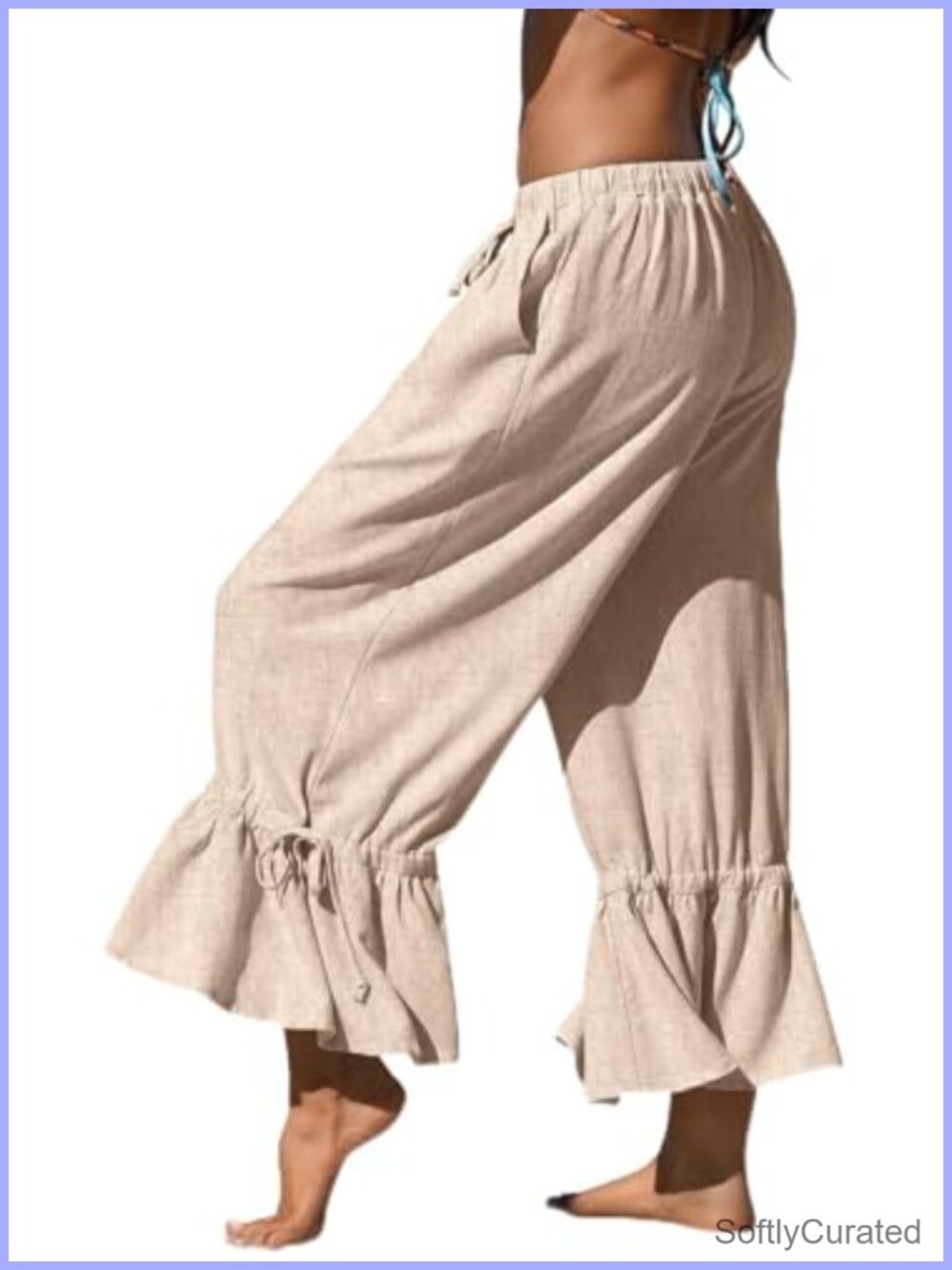 Linen Wide Leg Ankle Pants Ruffled Drawstring Pockets Casual Palazzo